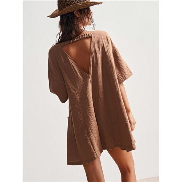 Boho Bohemian Style Backless Solid Woven V-Neck Short Sleeve Front Jumpsuit